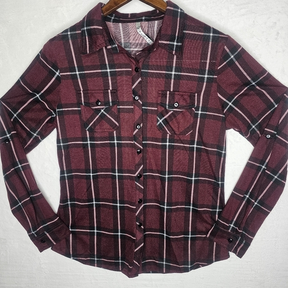 Womens Large Long Sleeve Pockets Button Front Plaid Burgundy Black - Picture 1 of 16